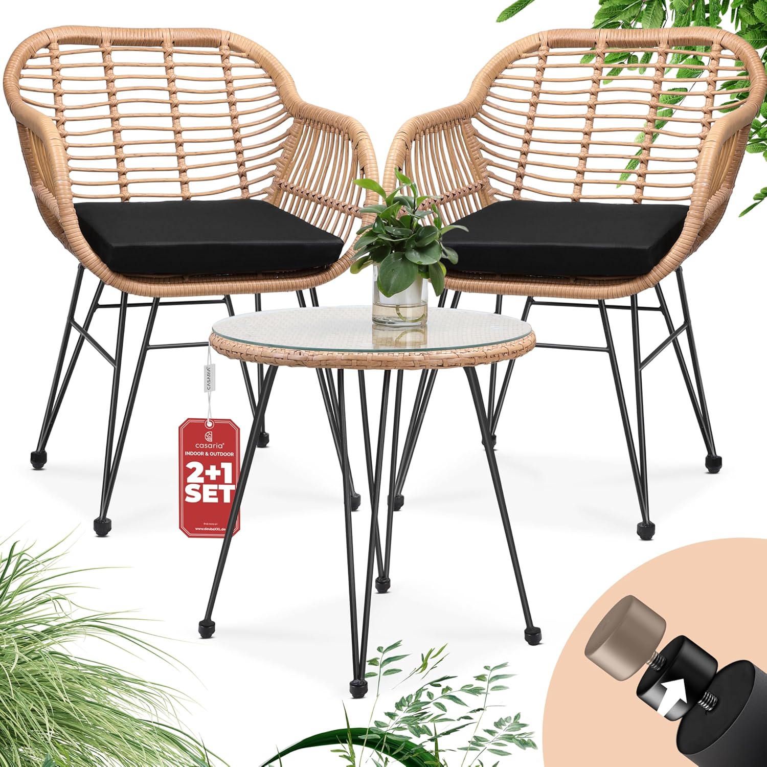 Juego de Balcón Bali - Mesa de Jardín con 2 Sillas y Cojines Lavables - Conjunto para Terraza y Balcón con Tablero de Vidrio - Color Beige-Soviaialoft