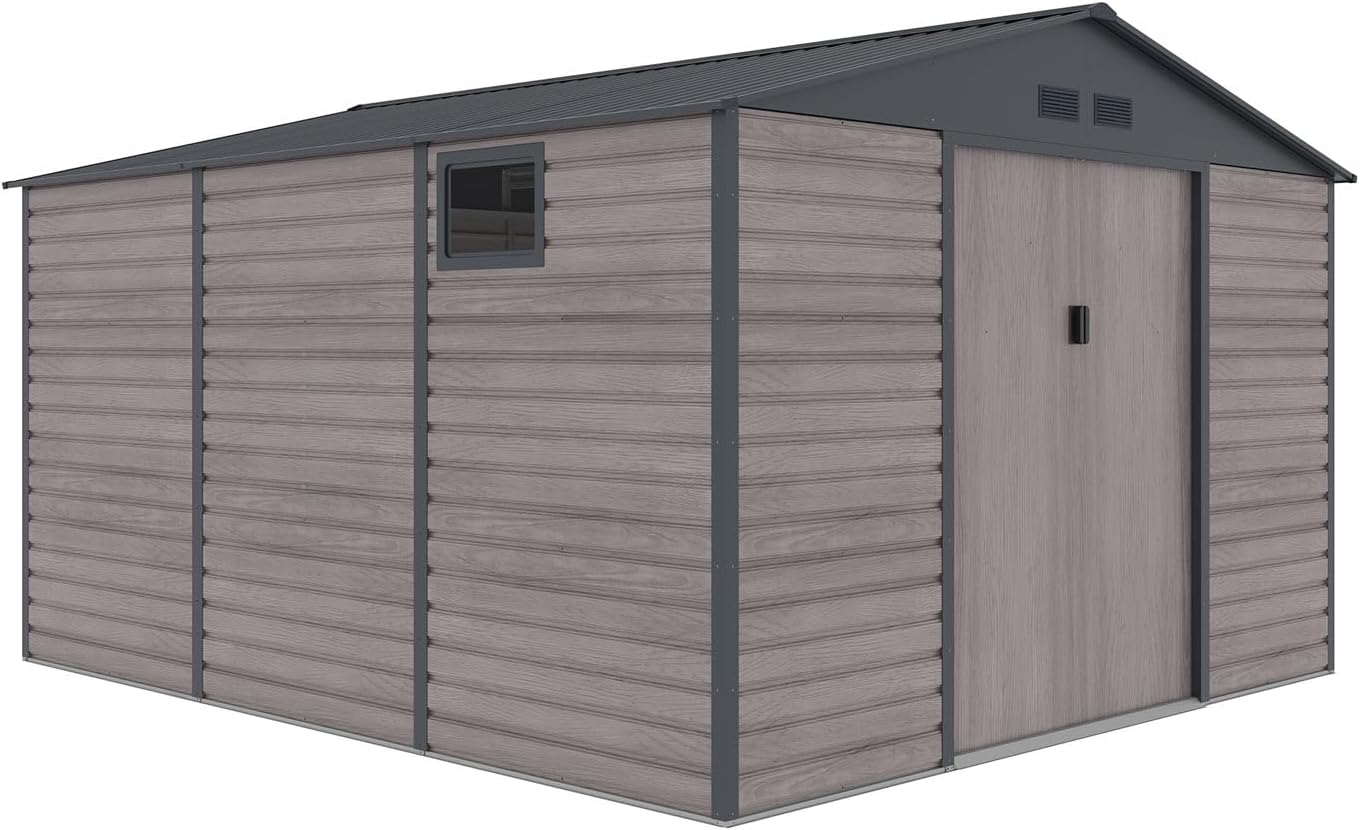 Caseta Metálica de Jardín 340x382x226 cm con Ventana Lateral y Acabado Efecto Madera - Cobertizo Exterior de Acero de 13 m2-Soviaialoft