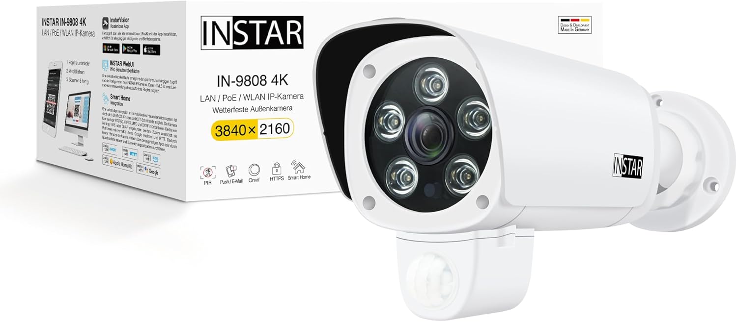 Cámara vigilancia exterior INSTAR IN-9808 4K blanca - LAN WLAN PoE - HomeKit IA PIR RTSP WPA3 ONVIF-Soviaialoft