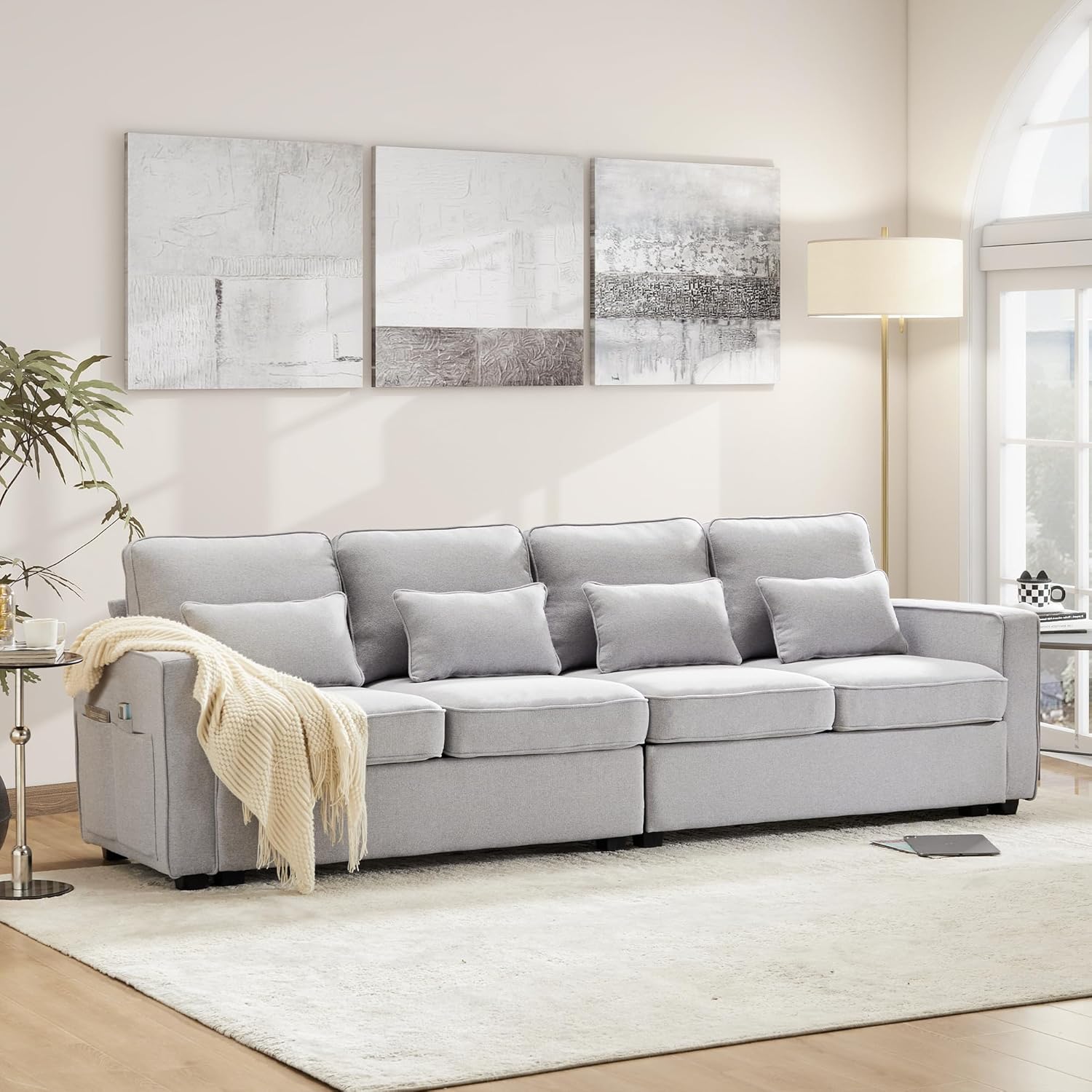 Sofá Moderno de 4 Plazas - Tapizado en Lino Gris - 4 Cojines Incluidos - Bolsillos Laterales para Salón y Dormitorio 264x83x87 cm-Soviaialoft