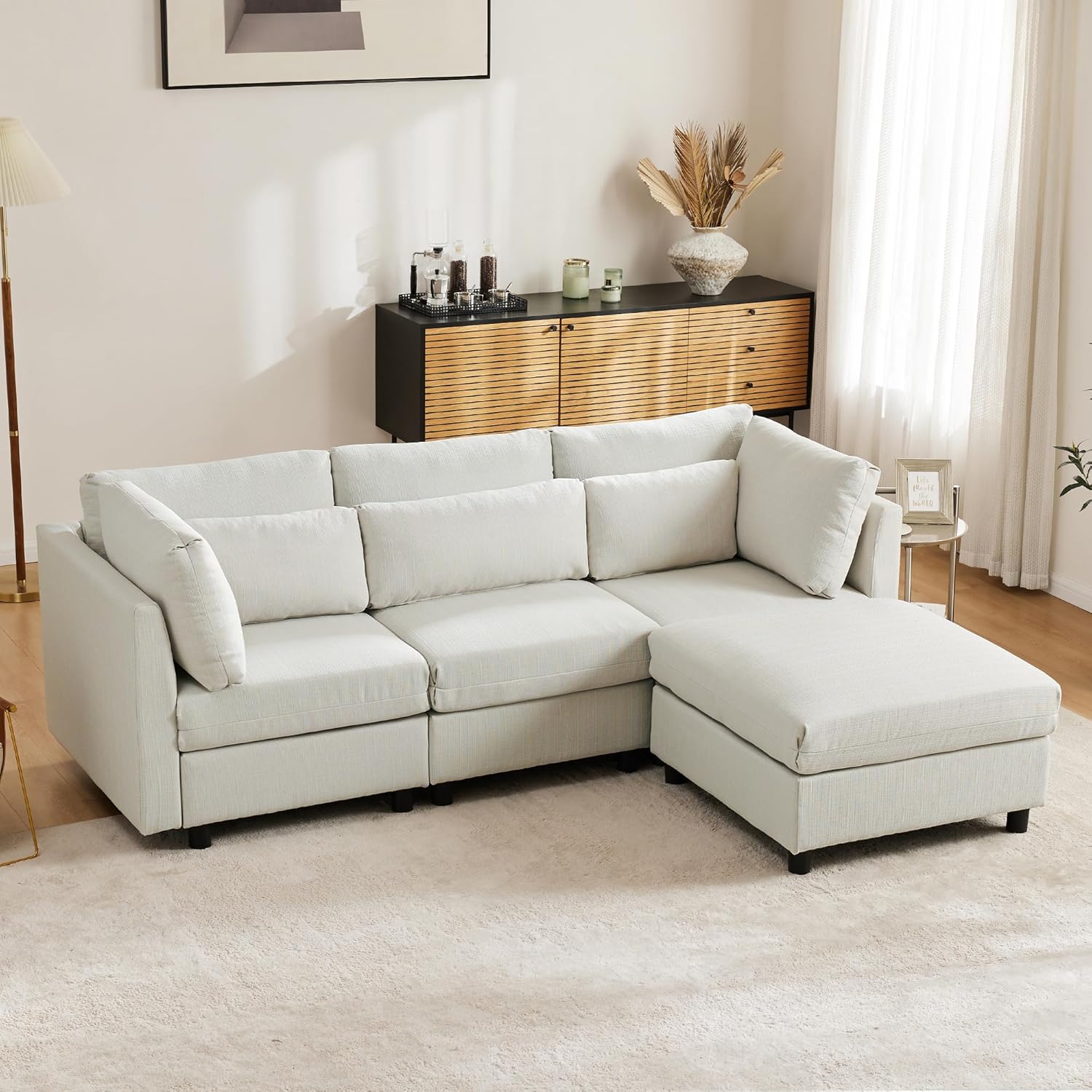 Sofá Rinconero en L de 3 Plazas - Función Cama Integrada - Reposapiés Incluido - Tapizado Beige Moderno - 220x83x81 cm-Soviaialoft
