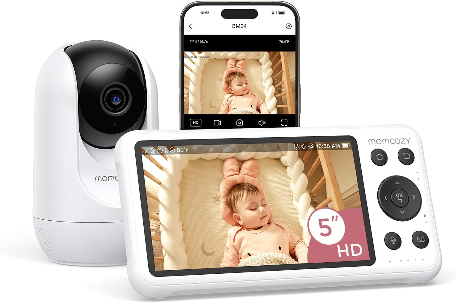 Vigilabebés momcozy WiFi 5 pulgadas - cámara HD - zoom 4x movimiento llanto visión nocturna foto vídeo-Soviaialoft