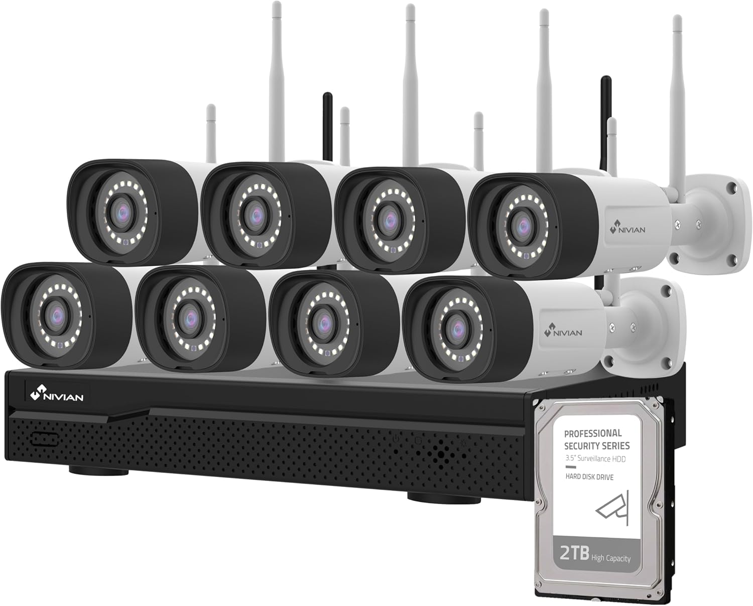 Kit cámaras vigilancia NIVIAN profesional WiFi - 8 cámaras IP SuperHD - grabador 16 canales 2TB visión nocturna IA-Soviaialoft