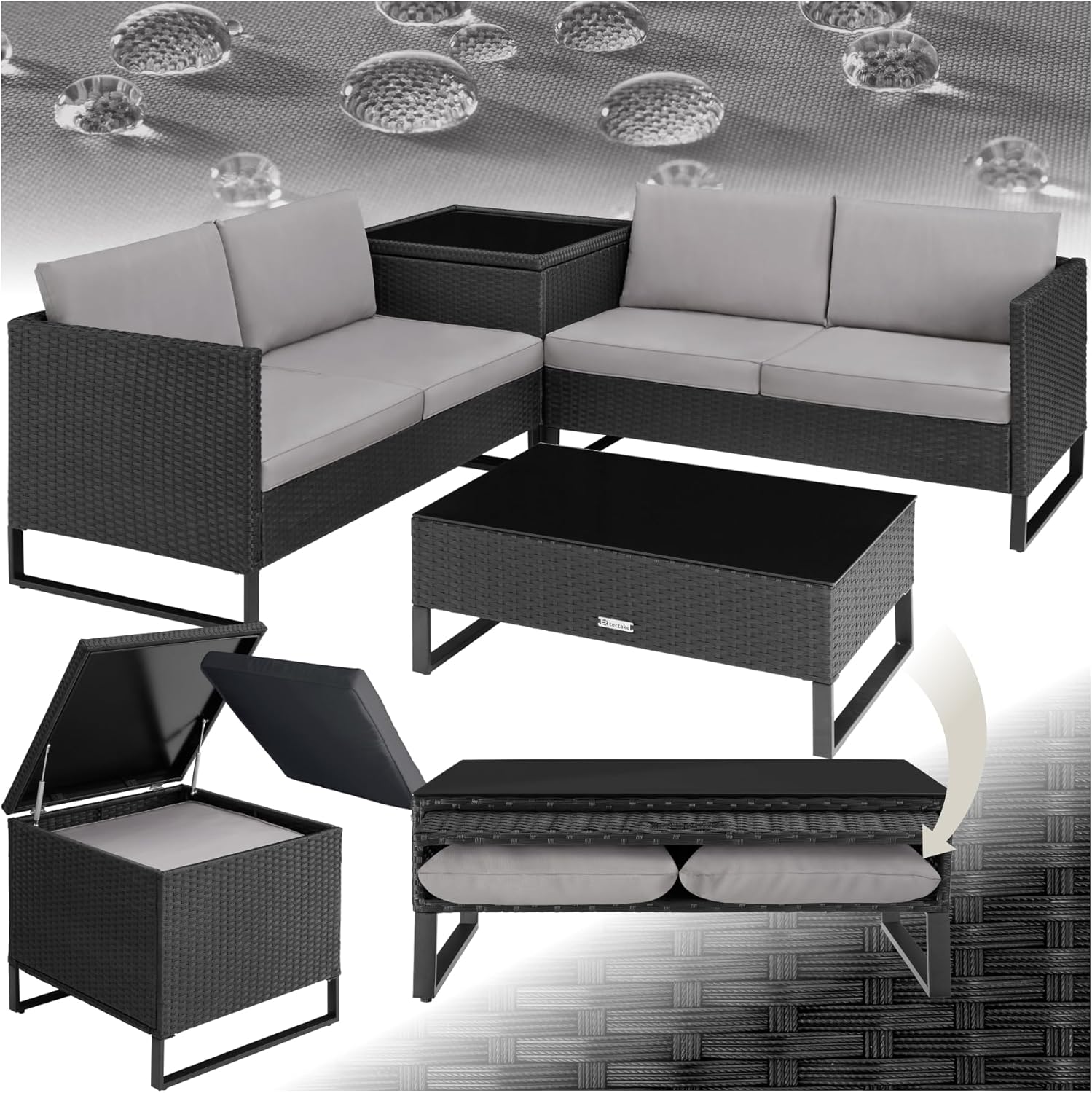 TecTake Conjunto de Jardín de Ratán con Cojines Gruesos - 2 Sofás Mesa de Cristal y Caja de Almacenamiento - Muebles de Terraza Resistentes a la Intemperie - Negro-Soviaialoft