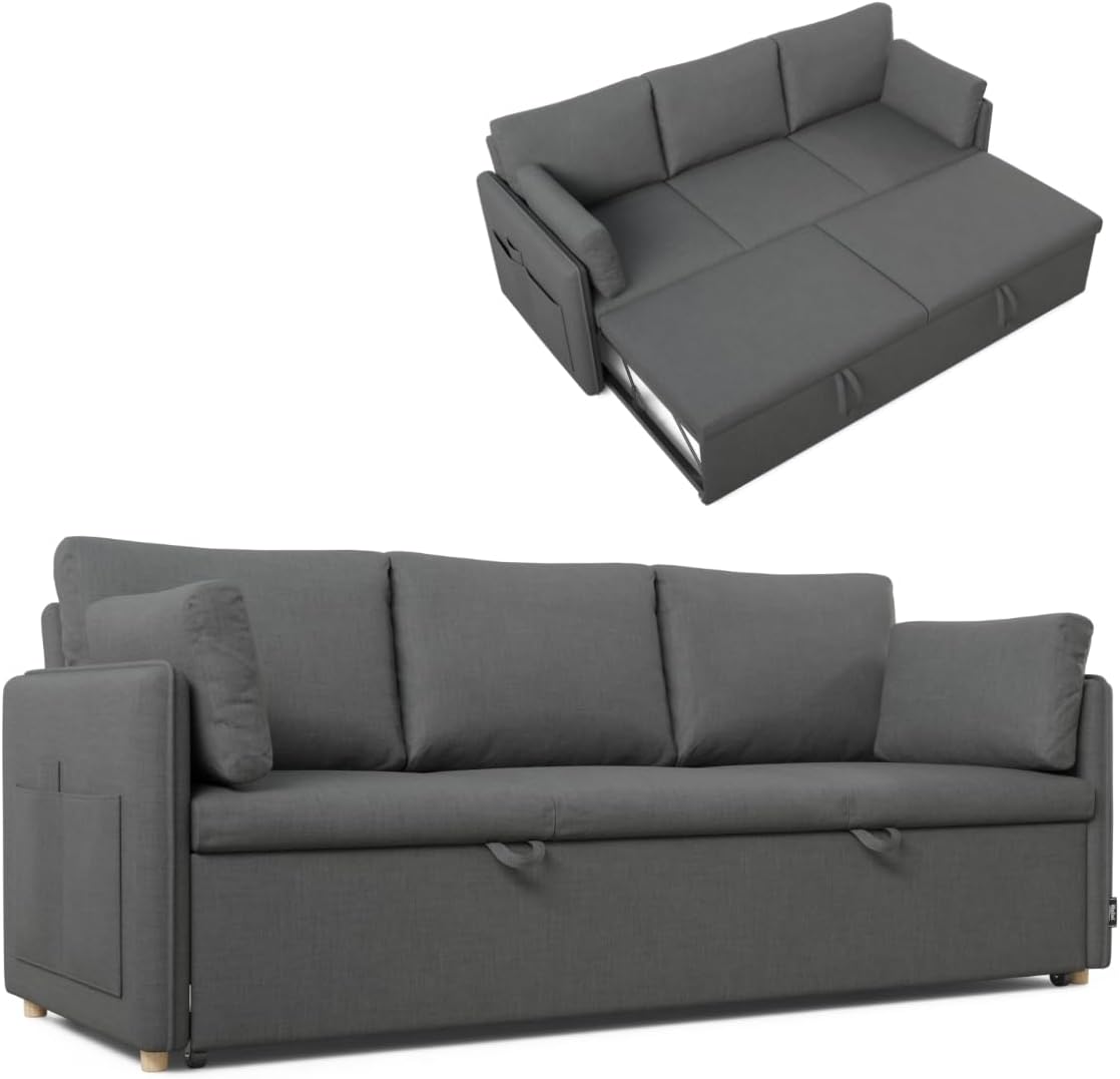 Sofá Cama Convertible 3 en 1 de 3 Plazas - Incluye 2 Almohadas - Somier Integrado 128x190 cm - Gris Marengo 211x86x88 cm-Soviaialoft