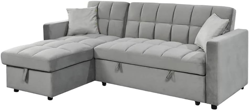 Sofá Cama Chaise Longue Reversible de 3 Plazas - Arcón Integrado - Sistema de Arrastre - Terciopelo Gris 210x145 cm-Soviaialoft