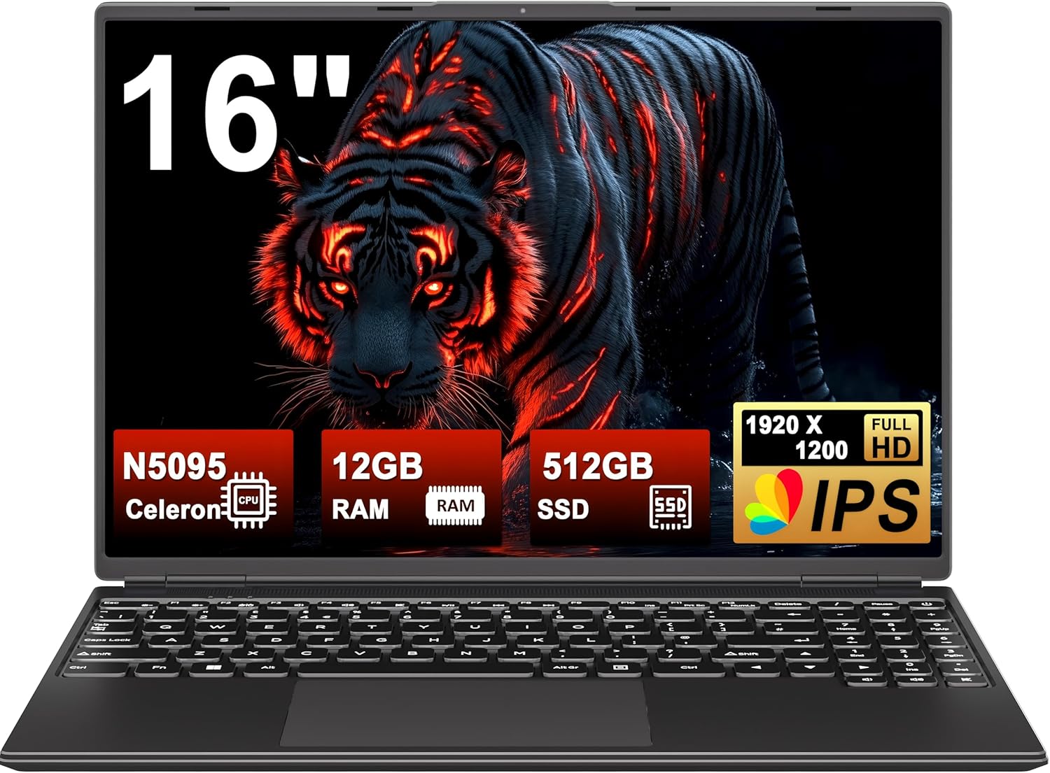 Portátil 16 pulgadas Windows 11 - Intel Celeron N5095 - 512 GB SSD 5G WiFi pantalla 1920 x 1200 negro-Soviaialoft
