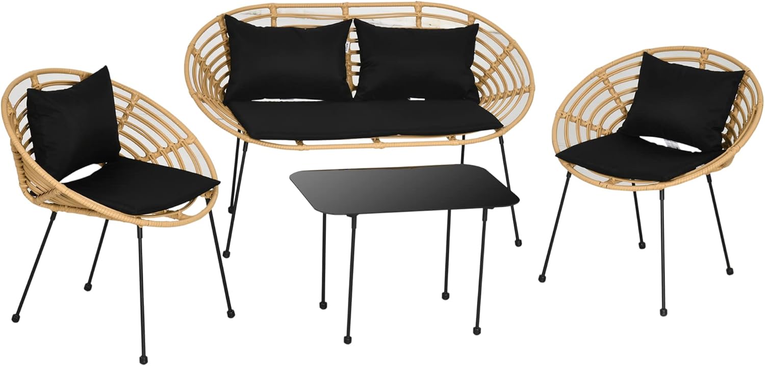 Conjunto de jardín Outsunny ratán sintético 4 piezas - natural y negro - sofá doble 2 sillones mesa de vidrio y cojines-Soviaialoft