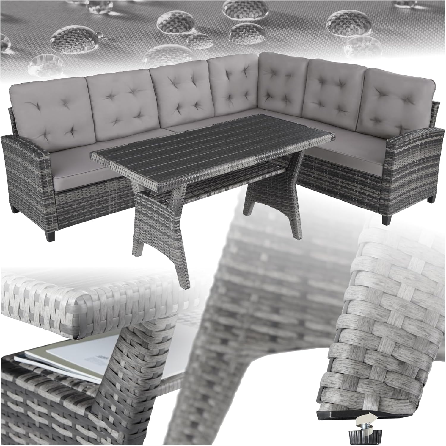 Conjunto de jardín de ratán TecTake combinable - gris - 2 sofás sofá esquinero mesa con pies ajustables y cojines 9 cm-Soviaialoft