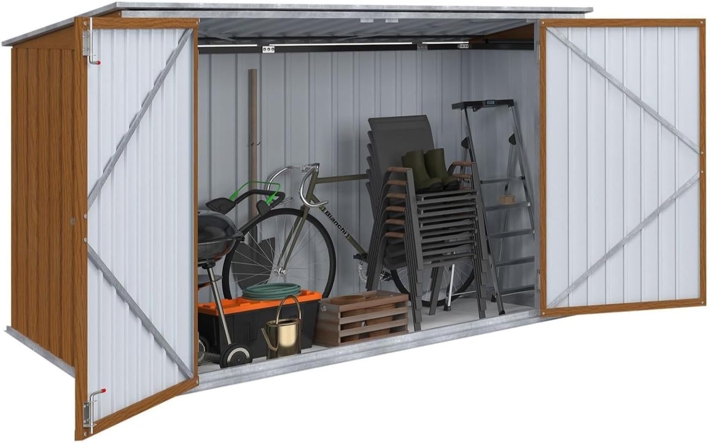 Caseta de Jardín Metálica Efecto Madera - Cobertizo Exterior Bloqueable - Almacenamiento para Bicicletas Herramientas y Contenedores - Acabado Marrón-Soviaialoft