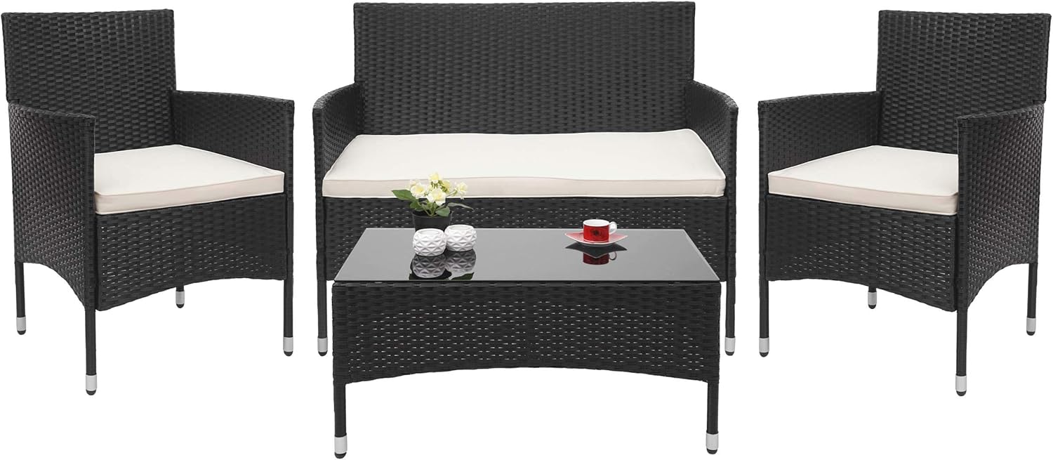 Mendler HWC-F55 - Conjunto de Muebles de Jardín Exterior de Polirratán - Sofá Mesa y Asientos con Cojines Crema - Diseño Moderno para Terraza Patio y Balcón - Negro-Soviaialoft