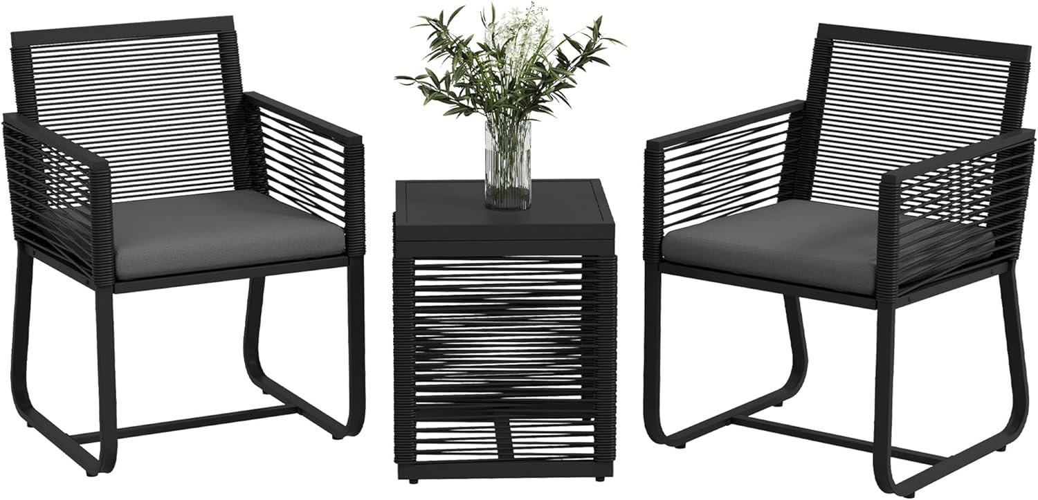 Juego de jardín Outsunny ratán 3 piezas - negro - 2 sillones con cojines desmontables y mesa de café de cristal-Soviaialoft