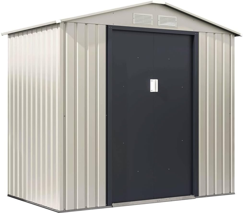 Caseta de Jardín Metálica Exterior 4,07 m2 - 213x195x195 cm - Beige y Gris Antracita - Estructura de Metal Zincado - Cobertizo de Almacenamiento Resistente al Agua-Soviaialoft