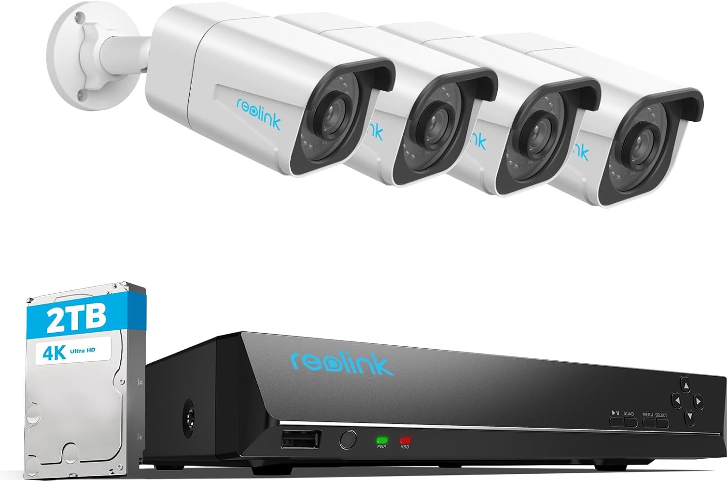 Sistema de Seguridad Reolink 4K PoE - NVR 8 Canales con Disco Duro 2TB - 4 Cámaras IP Exteriores - Detección de Personas y Vehículos - Grabación 24 Horas-Soviaialoft
