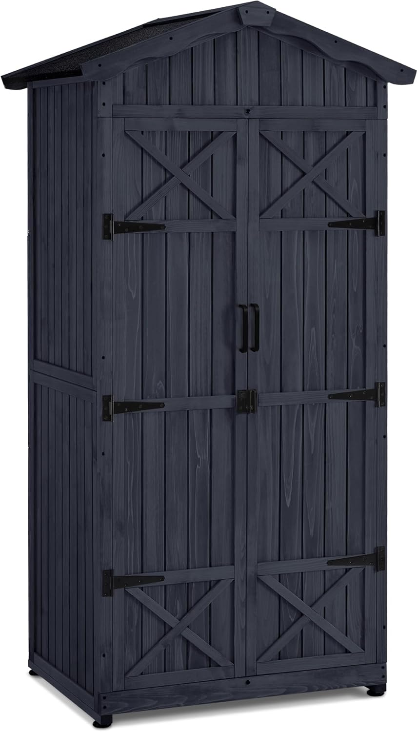 Armario de Jardín Exterior Impermeable de Madera 74x99x193 cm - Caseta de Almacenamiento con Suelo Integrado y Techo Resistente para Balcón Patio y Jardín Color Gris Antracita-Soviaialoft