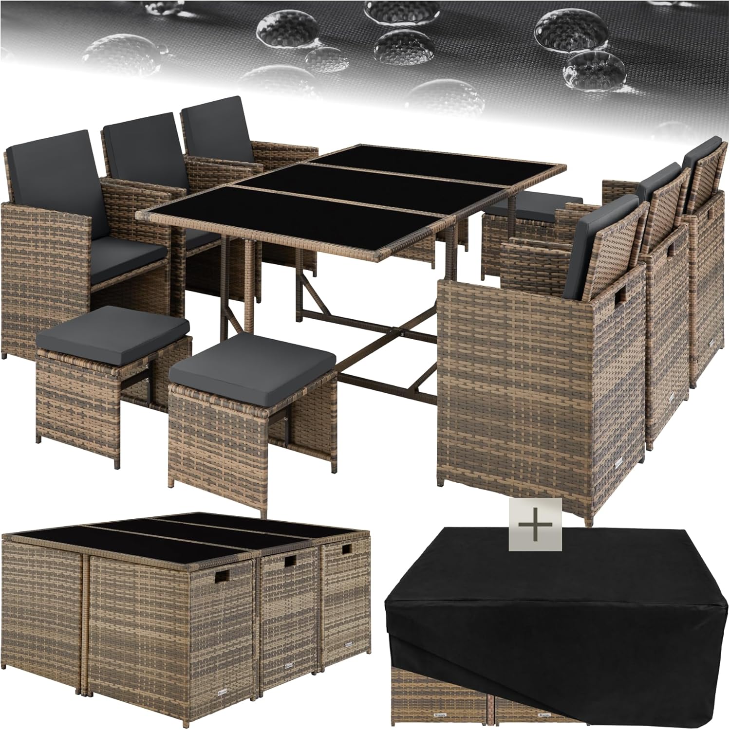 Conjunto de jardín TecTake ratán y acero - natural - agrupable en cubo para 6 a 10 personas con funda protectora-Soviaialoft