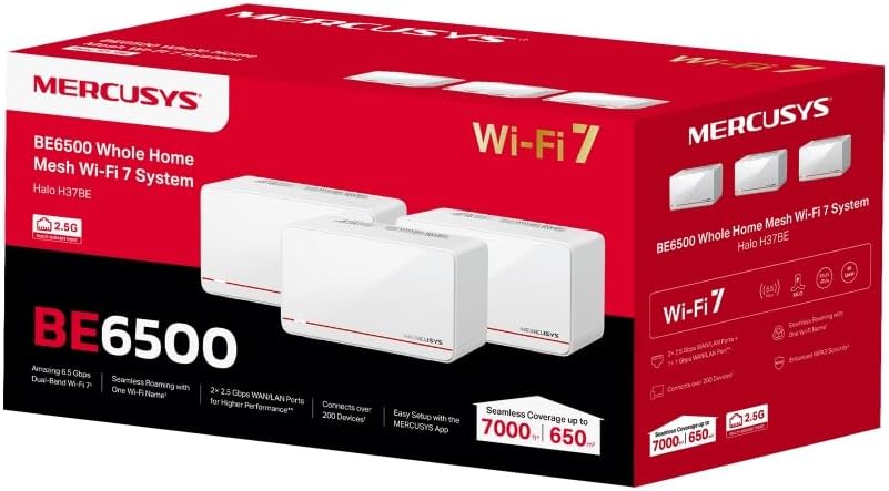 Sistema Mesh MERCUSYS Halo H37BE 3 Pack - WiFi 7 doble banda 6,5 Gbps - cobertura 650 m2-Soviaialoft