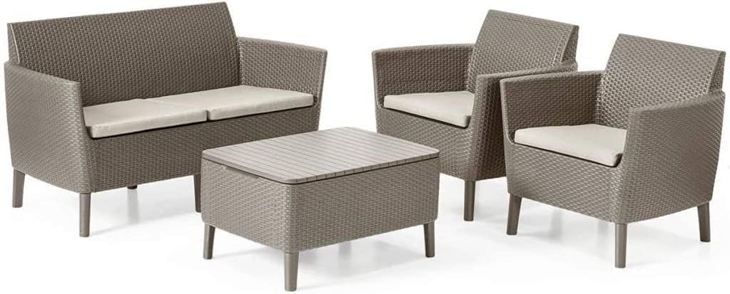 Conjunto de Jardín Keter Salemo Lounge - Sofá de 2 Plazas con 2 Sillones y Mesa Auxiliar - Muebles de Ratán para Exterior - Color Capuchino-Soviaialoft