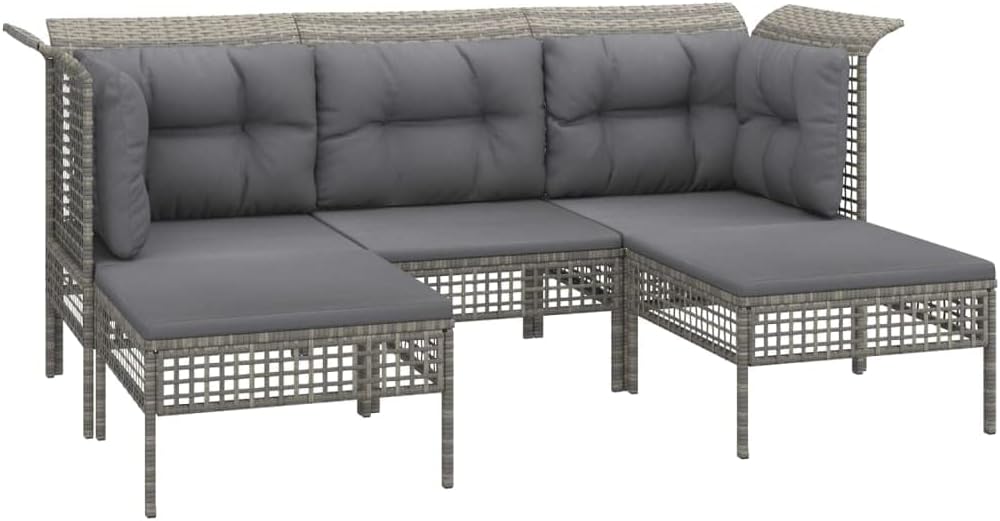 vidaXL Set de Muebles de Jardín 5 Piezas con Cojines - Conjunto Modular de Ratán Sintético Gris - Sofás de Esquina y Reposapiés para Terraza Exterior-Soviaialoft