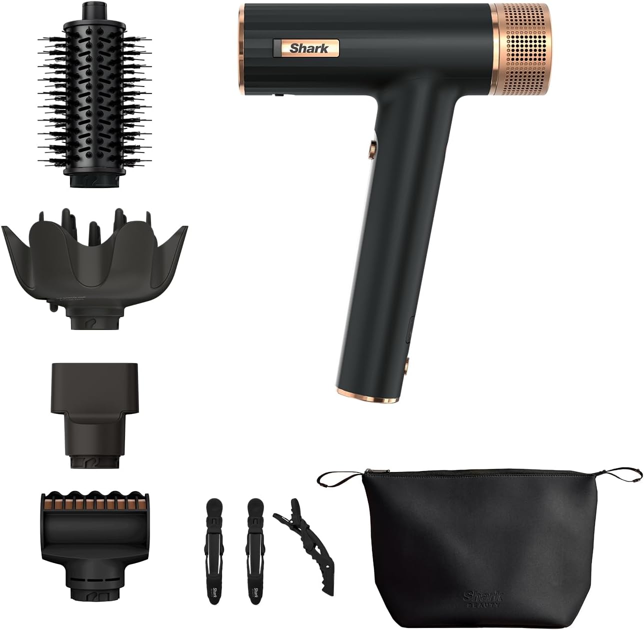 Shark SpeedStyle Secador de Pelo Profesional - RapidGloss Finisher - 5 Moldeadores Incluidos - Secado Rápido y Control del Encrespamiento - Negro y Cobre - HD353BKEU-Soviaialoft
