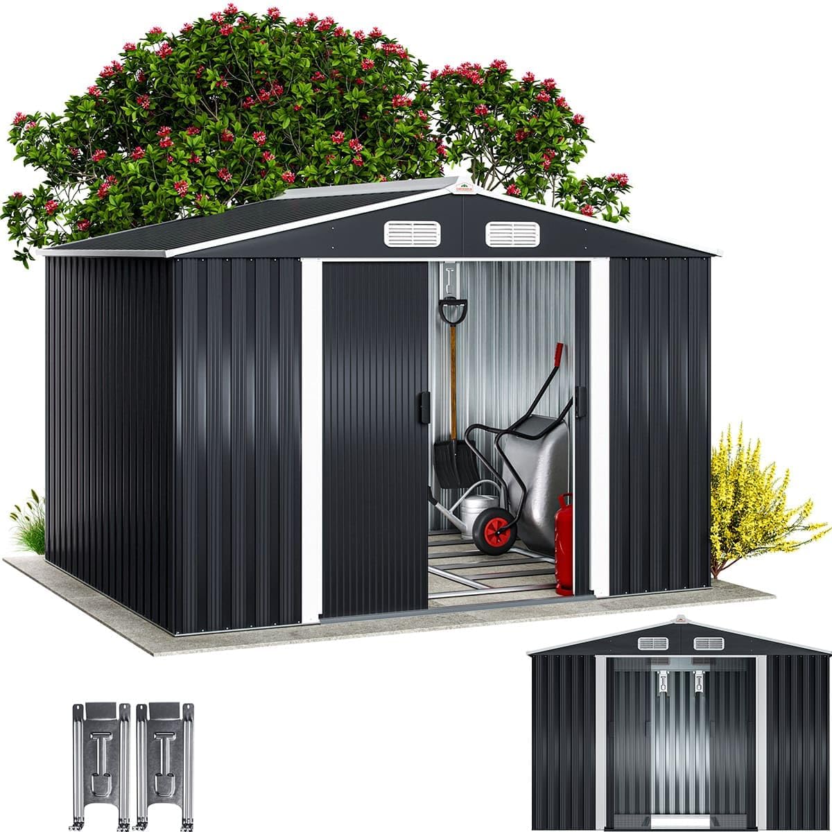Caseta de Jardín Metálica Exterior 5 m2 - 260x205x180 cm - Acero Galvanizado Antracita - Base de Suelo Incluida - Cobertizo para Herramientas y Almacenamiento Exterior-Soviaialoft