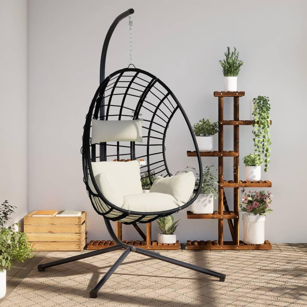 Silla Colgante de Huevo con Soporte de Acero y Ratán Beige para Jardín Terraza y Balcón - Sillón Suspendido de Relax para Exterior e Interior-Soviaialoft