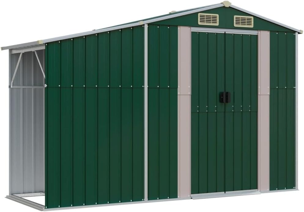 Cobertizo de Jardín vidaXL Acero Galvanizado Verde - Caseta Exterior para Herramientas Leña y Equipamiento de Patio con Puertas Abatibles-Soviaialoft