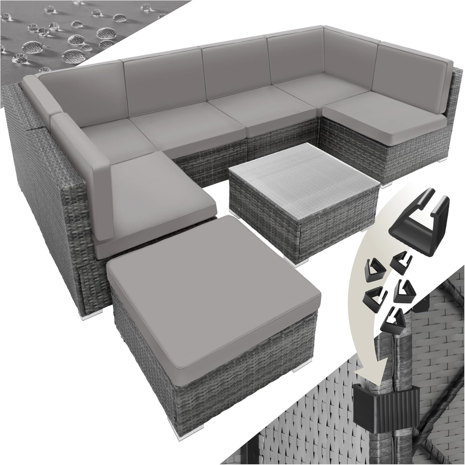 Conjunto de Jardín de Ratán para Exterior - 6 Sillones con Mesa y Taburete - Muebles de Terraza Resistentes a la Intemperie - Estructura de Acero - Color Gris-Soviaialoft