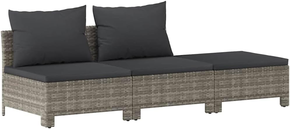 Set de muebles de jardín vidaXL 3 piezas - ratán sintético gris - 2 módulos centrales reposapiés y cojines-Soviaialoft
