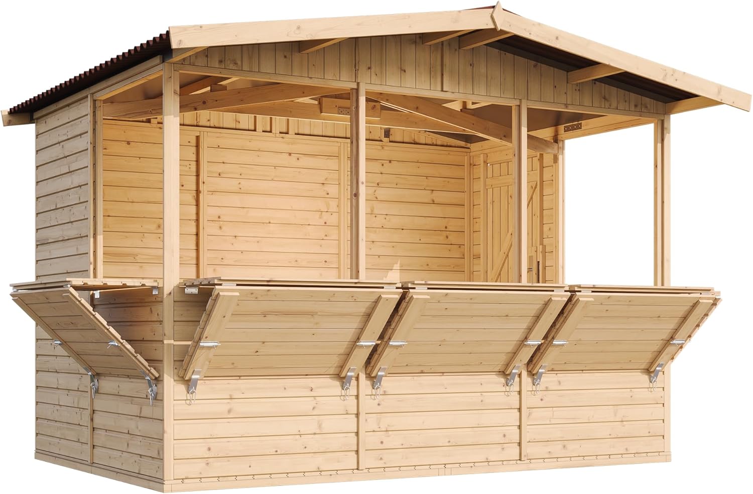 Kiosco de Jardín de Madera con Mostrador y Cinco Ventanas - 303x199x232 cm - Caseta Exterior Multifuncional para Mercado Bar y Eventos al Aire Libre-Soviaialoft