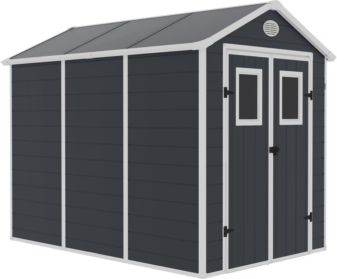 Caseta de Jardín de Resina 5,23 m2 con Kit de Anclaje Incluido y Puertas Abatibles - Cobertizo Exterior de Almacenamiento Color Antracita-Soviaialoft