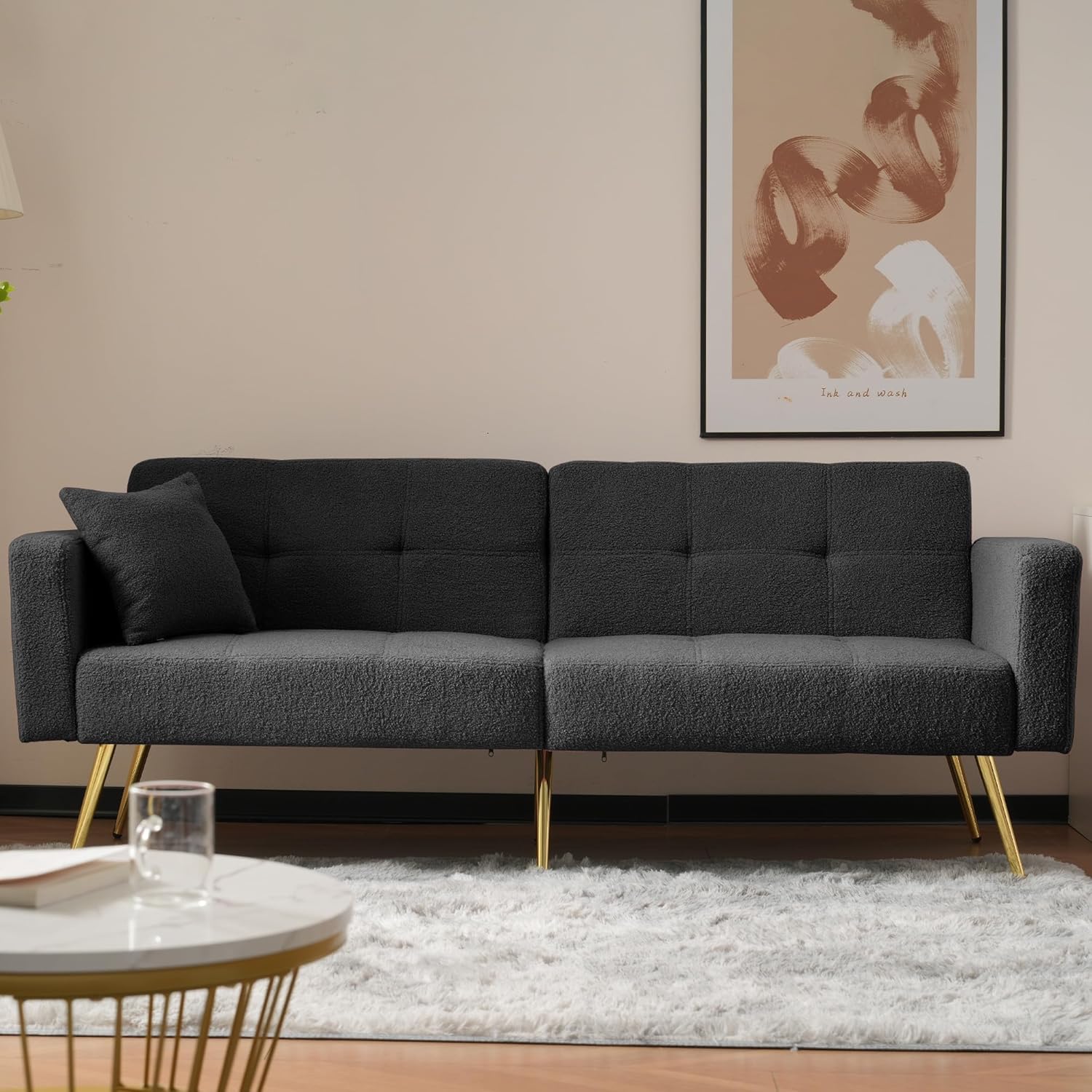 Sofá Cama Convertible de 2 Plazas - Respaldo Ajustable - Patas Doradas - Bolsillos Laterales y Cojines Incluidos - Gris Oscuro 175x64x72 cm-Soviaialoft