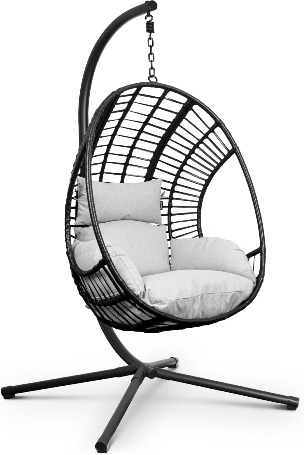 Silla Colgante XXL de Jardín con Base de Acero Galvanizado y Poliratán - Columpio Huevo para Interior y Exterior con Cojines Incluidos - Gris Luminoso-Soviaialoft