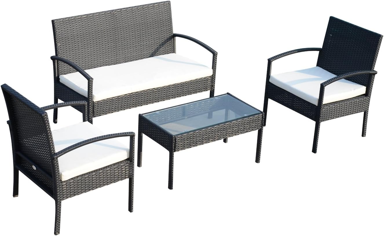 Outsunny Conjunto de Muebles de Ratán para Jardín 4 Plazas - 2 Sillones 1 Banco y Mesa de Café - Estructura Metálica con Cojines - Diseño Moderno para Terraza-Soviaialoft