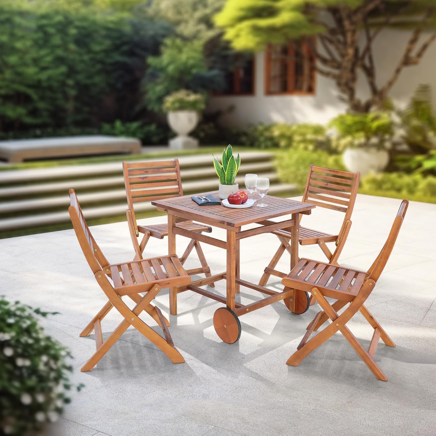 Conjunto de muebles en.casa 5 piezas - madera de acacia natural - mesa cuadrada con ruedas y 4 sillas plegables-Soviaialoft