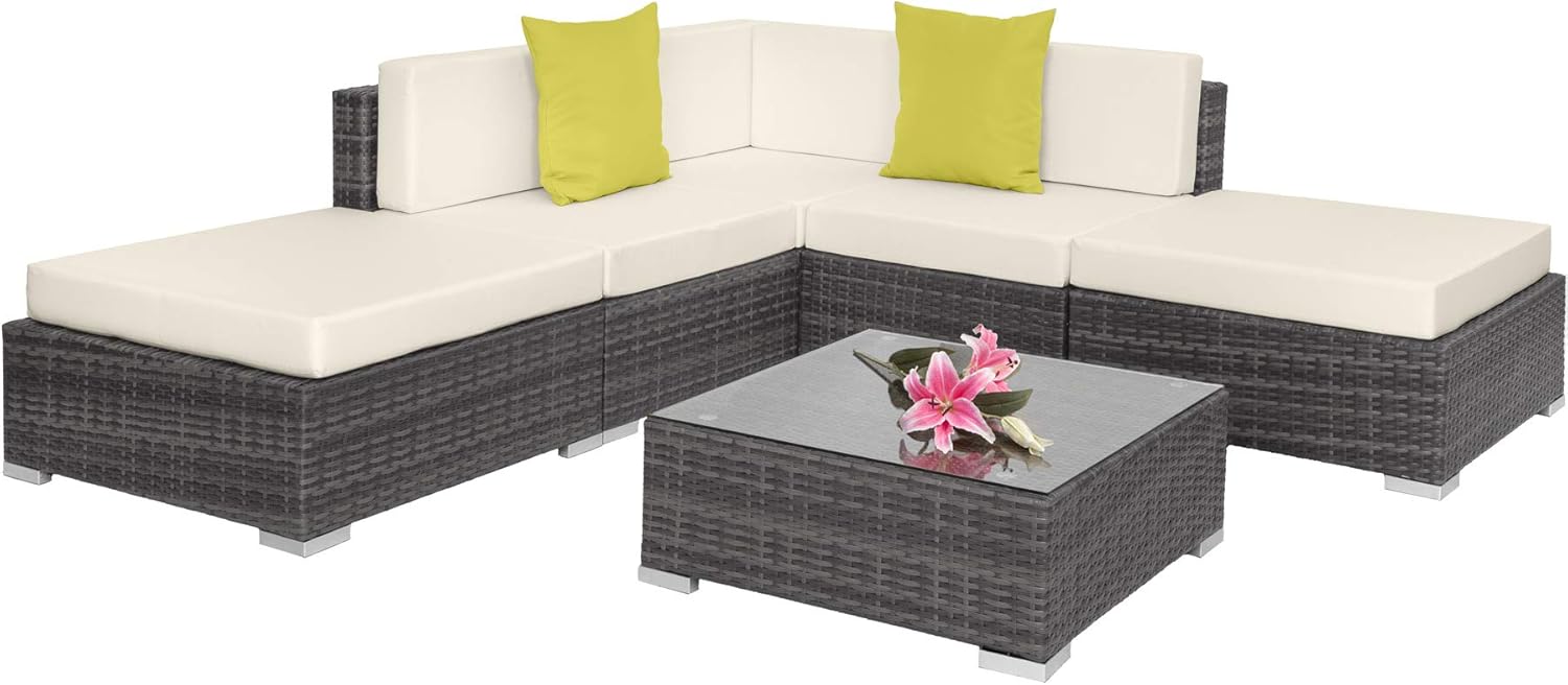 Conjunto de jardín TecTake ratán y aluminio - gris - 3 sillones puf mesa de cristal y cojines de 10 cm-Soviaialoft