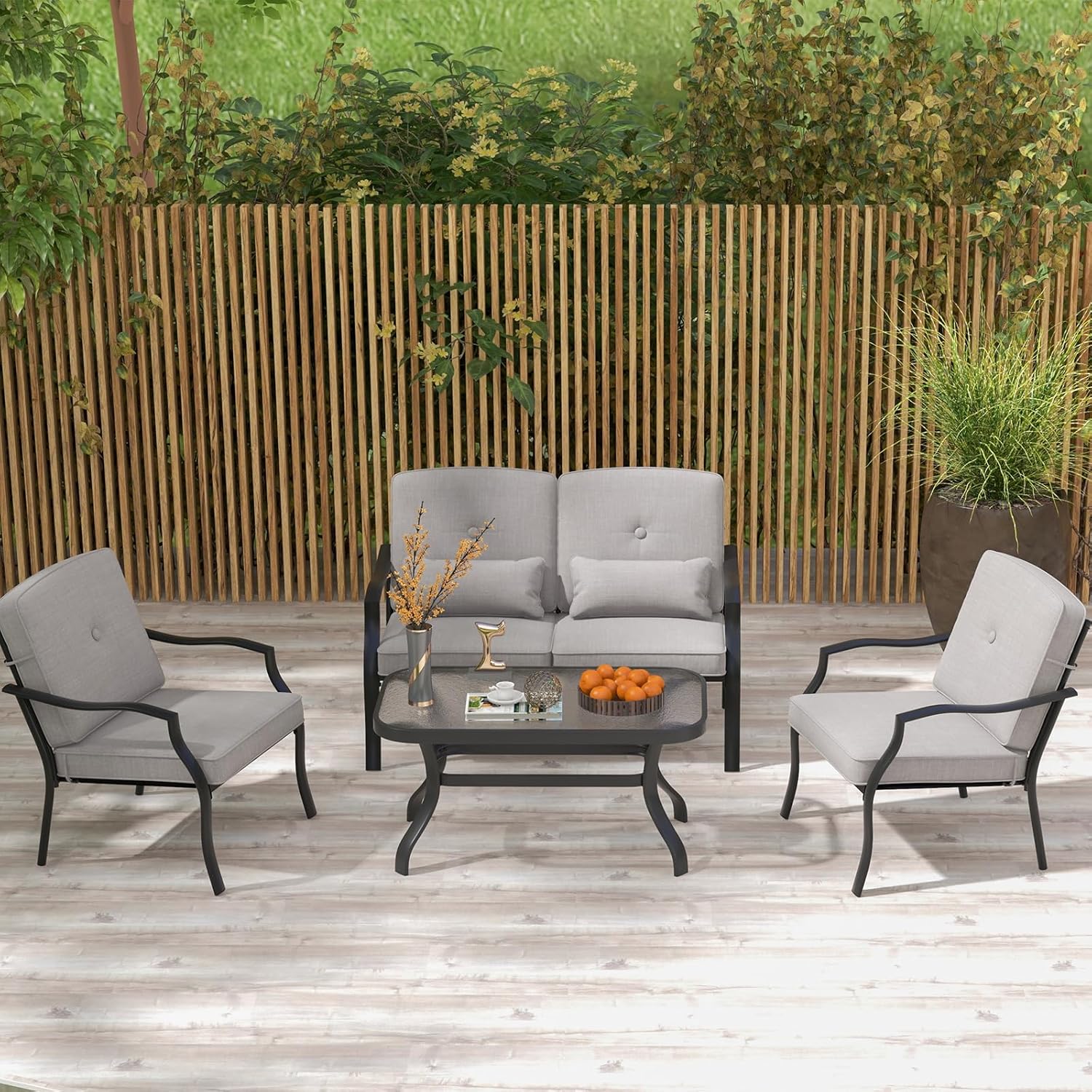 Juego de muebles de jardín GIANTEX 4 piezas - gris - sofá 2 plazas 2 sillones mesa de vidrio y cojines suaves-Soviaialoft