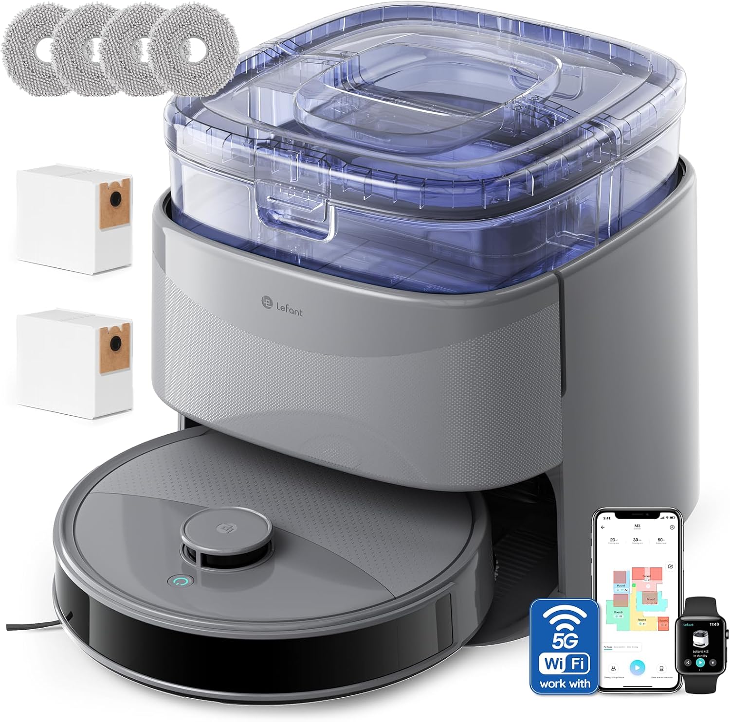 LEFANT M3 Max robot aspirador y fregasuelos 20000Pa autolavado secado mopa 3,2L autovaciado dToF navegación láser gris-Soviaialoft