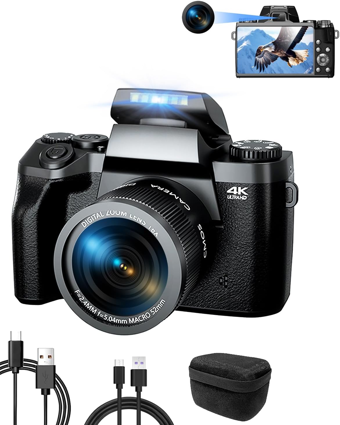 Cámara Digital 4K Ade 64 MP - Pantalla Táctil 4.0 Pulgadas - Zoom Digital 16X - WiFi Integrado - Lente Gran Angular y Macro - Cámara Dual con Bolsa de Transporte-Soviaialoft