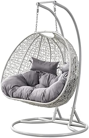 Silla Colgante de Huevo con Soporte de Ratán Gris para Jardín y Patio - Hamaca Suspendida para Interior y Exterior-Soviaialoft