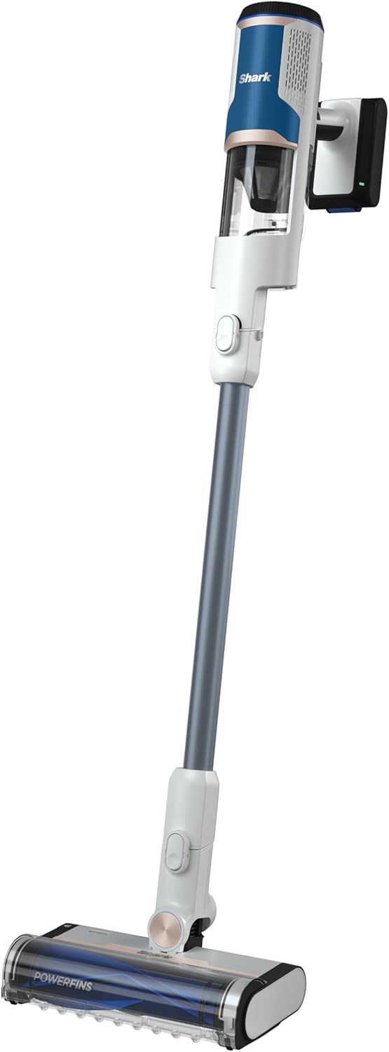 Shark Aspiradora Sin Cable - 40 Minutos de Autonomía - FloorDetect y Anti Hair Wrap - PowerFins para Alfombras y Suelos Duros - Pantalla LED - Blanco y Azul Marino-Soviaialoft