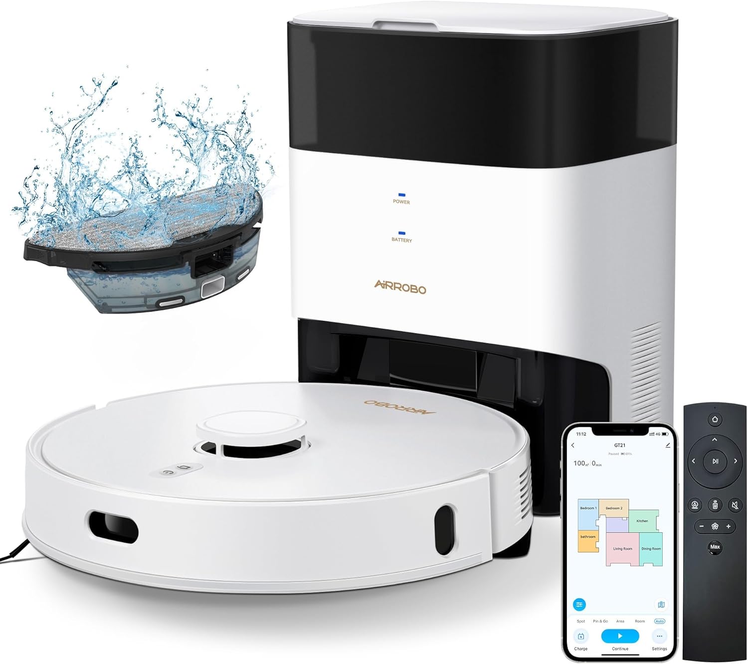 AIRROBO GT21 robot aspirador y fregasuelos base autovaciado 180 min navegación láser IA control app blanco-Soviaialoft