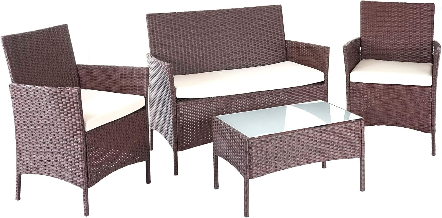 Mendler HWC-D82 - Conjunto de Muebles de Jardín de Polirratán - Sofá Mesa y Asientos con Cojines Crema - Acabado Marrón Jaspeado para Terraza y Exterior-Soviaialoft