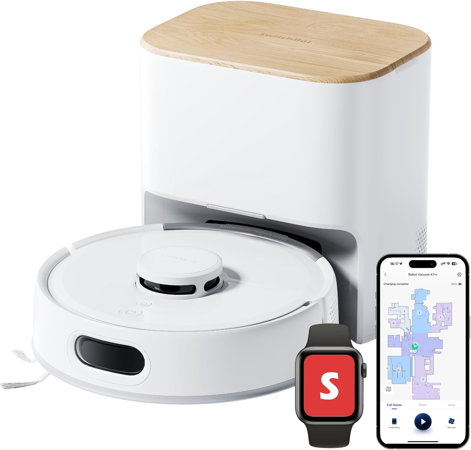 SwitchBot K11 robot aspirador con mopa 6000Pa LDS mapeo inteligente autovaciado diseño ultrafino 3,6 pulgadas blanco-Soviaialoft