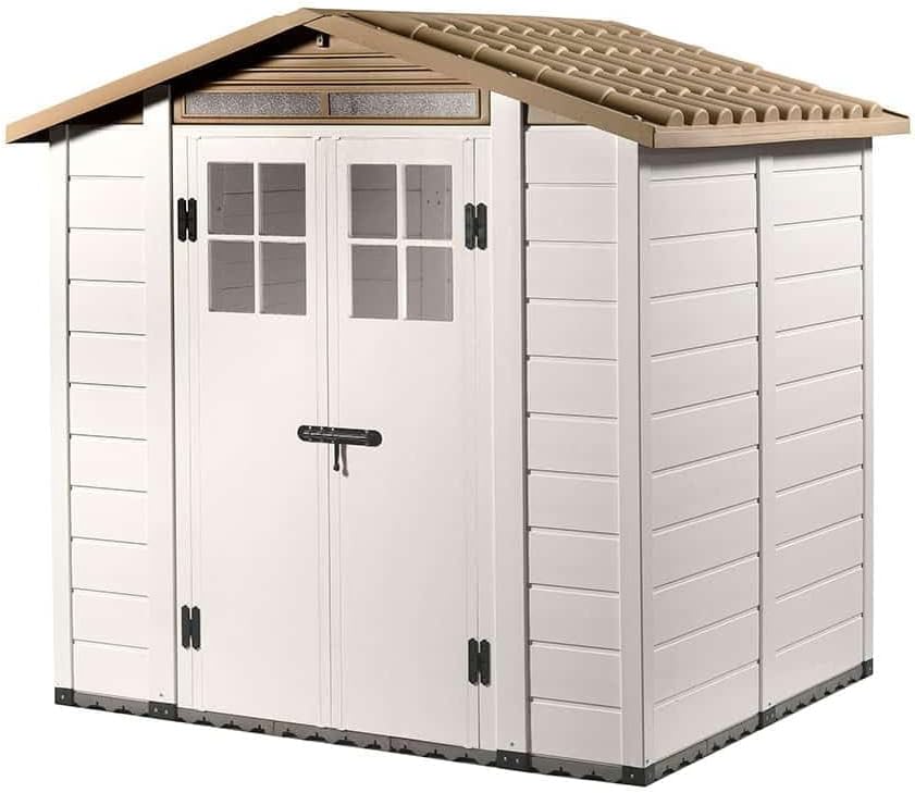 Caseta de Jardín Gardiun Tuscany EVO 200 220 x 181 x 216 cm - Cobertizo Exterior de Resina con Puertas y Ventanas - Caseta de Almacenamiento Blanco y Beige-Soviaialoft