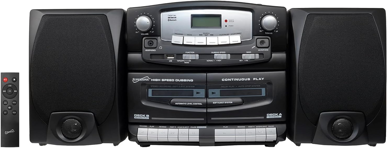 Sistema Estéreo Bluetooth Vintage para Hogar - Reproductor CD MP3 - Radio AM FM - Doble Casete - Entradas USB - Audio HiFi Retro Mate Negro-Soviaialoft