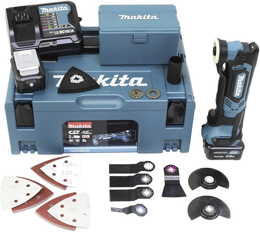 Herramienta Multifunción Inalámbrica Makita TM30DSMJX5 10,8V con 2 Baterías 4,0Ah - Multiherramienta Profesional para Corte Lijado Pulido y Desbarbado con 41 Accesorios-Soviaialoft