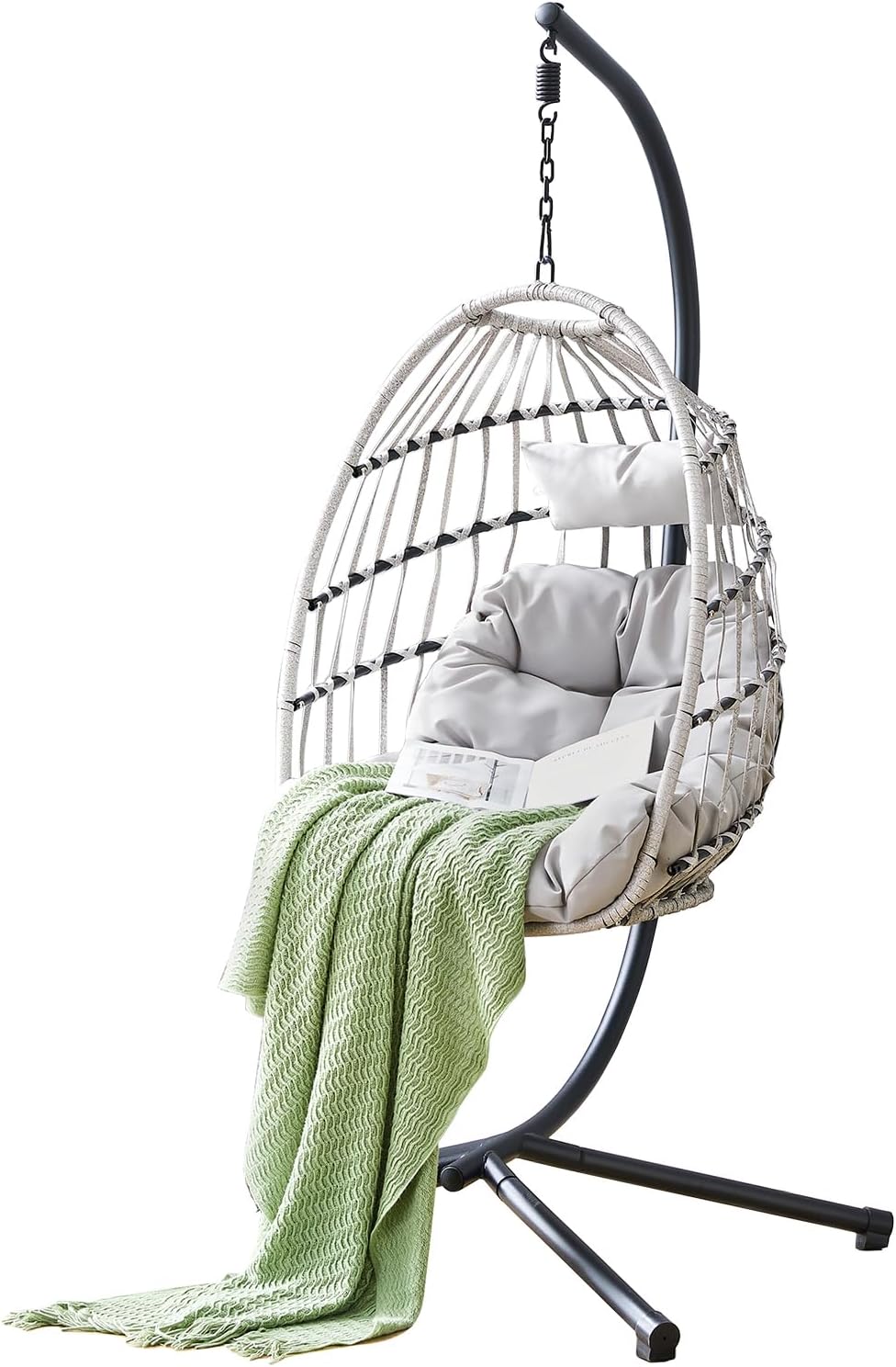 Silla Colgante de Jardín Tipo Huevo con Soporte - Columpio Suspendido para Terraza y Patio - Cesta Colgante con Diseño Moderno Gris Claro-Soviaialoft