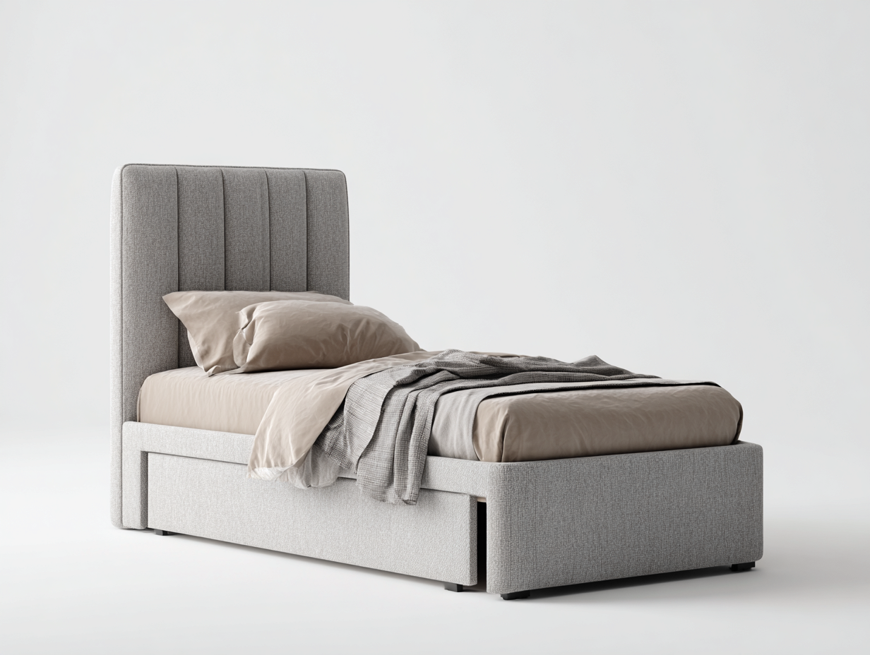 Cama individual tapizada de tela 200x100x110 cm - gris claro - diseño moderno para dormitorio-Soviaialoft