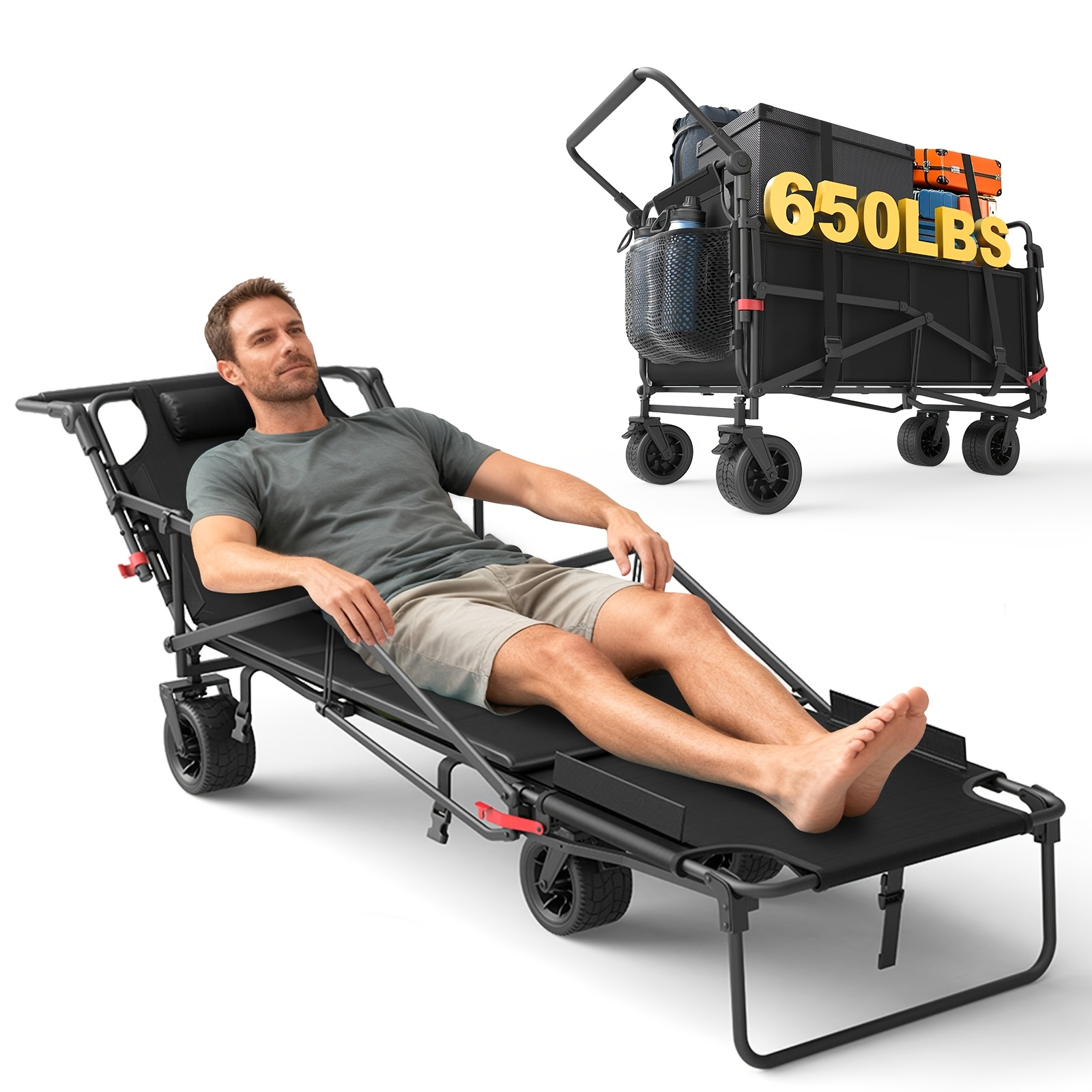 Carro plegable de alta resistencia LEVELEVE 2 en 1, carrito plegable con capacidad de 400 lb y 650 lb, ruedas todoterreno con frenos y bolsillos laterales